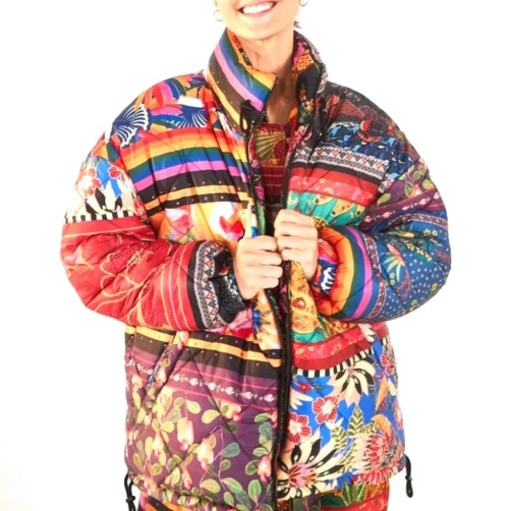 FARM Rio Mixed Scarves Reversible Puffer Jacket Patchwork Dopamine - Picture 6 of 14
